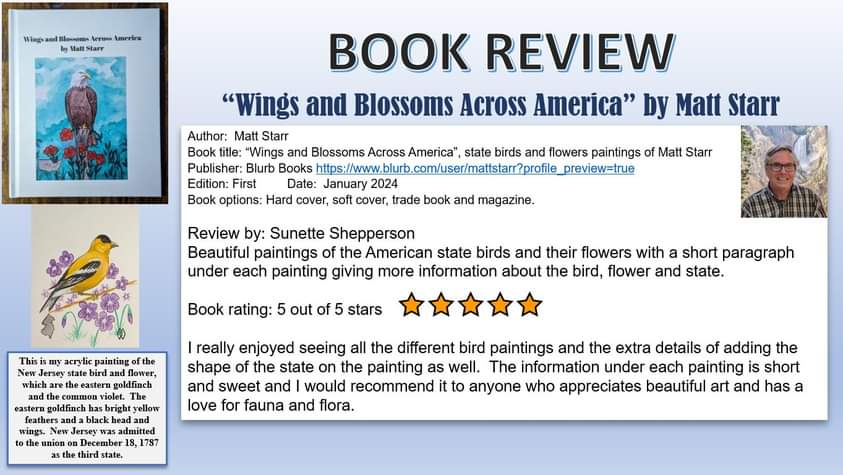 I’d like to share this book review about my new book, “Wings and Blossoms Across America.”  blurb.com/user/mattstarr…  
#mattstarrfineart #artforsale #gift #giftideas #art #BlurbBooks #book #books #bookreview #bookreviews #booklover #bookworm #reader #read #library #nature #bird