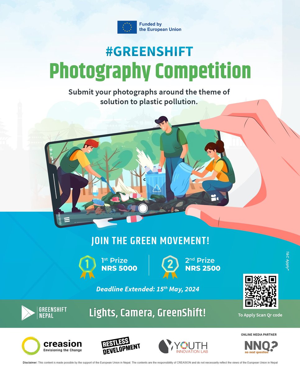 OPPORTUNITY: Creasion Nepal is organizing a photography competition through GreenShift project which is funded by the European Union. Young minds aged 15-29 can join the photography competition. Submit your entries through the Google Form below: forms.gle/9LtojJp55Gzpqg…