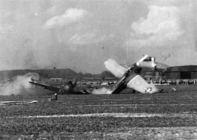 I should've posted this yesterday... #VEDay On VE Day, May 8, 1945... 'At Bad Abling, Germany, in full view of the POW compound, a North American Mustang, catches the wreck of a Messerschmitt Bf 109 with a wingtip & cartwheels.' Pilot survived with minor cuts and bruises.