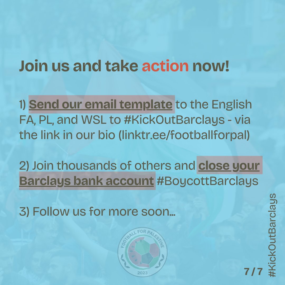 ACTION: Send a letter to @EnglandFootball @premierleague @BarclaysWSL @BarclaysWC with our template email here: linktr.ee/footballforpal

#BarclaysBankrollsGenocide #KickOutBarclays #BoycottBarclays 2/2