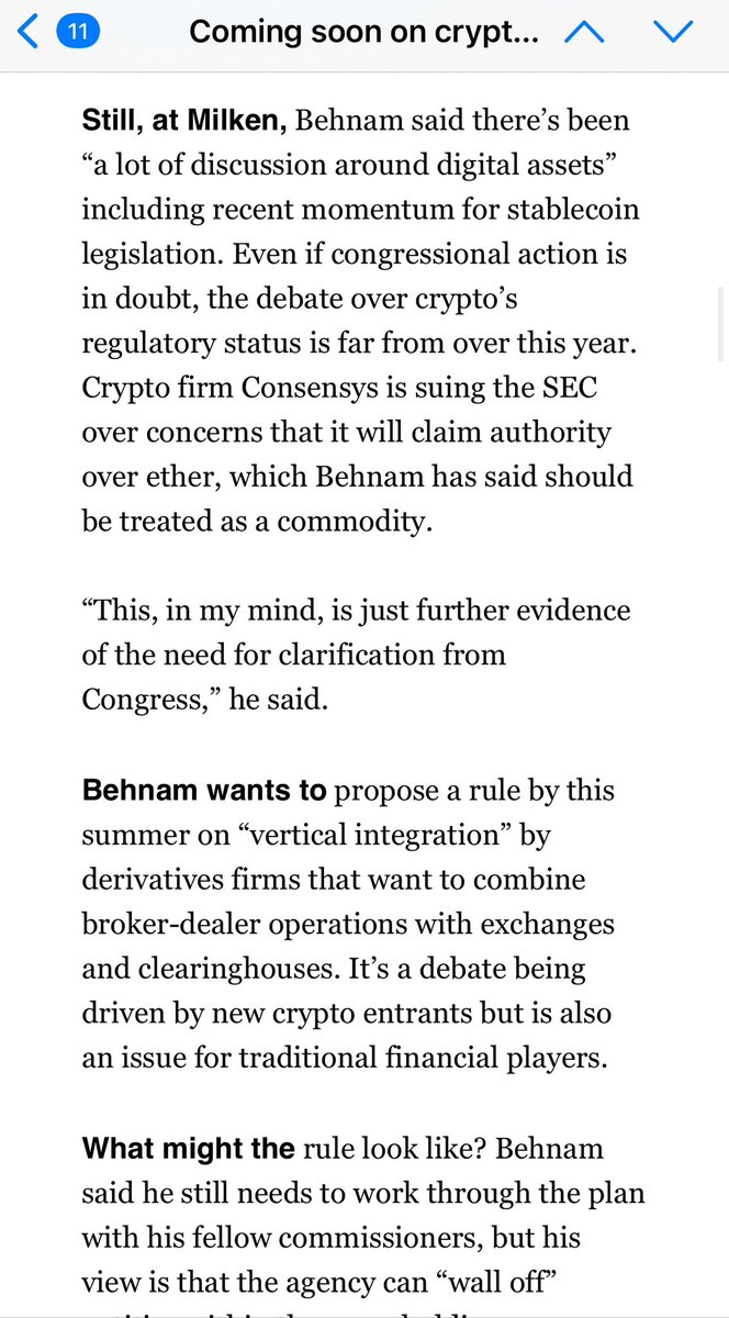 GM. Here is Chair @CFTCbehnam speaking on the @Consensys lawsuit v @SECGov to @politico He’s right - the SEC had made a mess of this and Congress really needs to act.