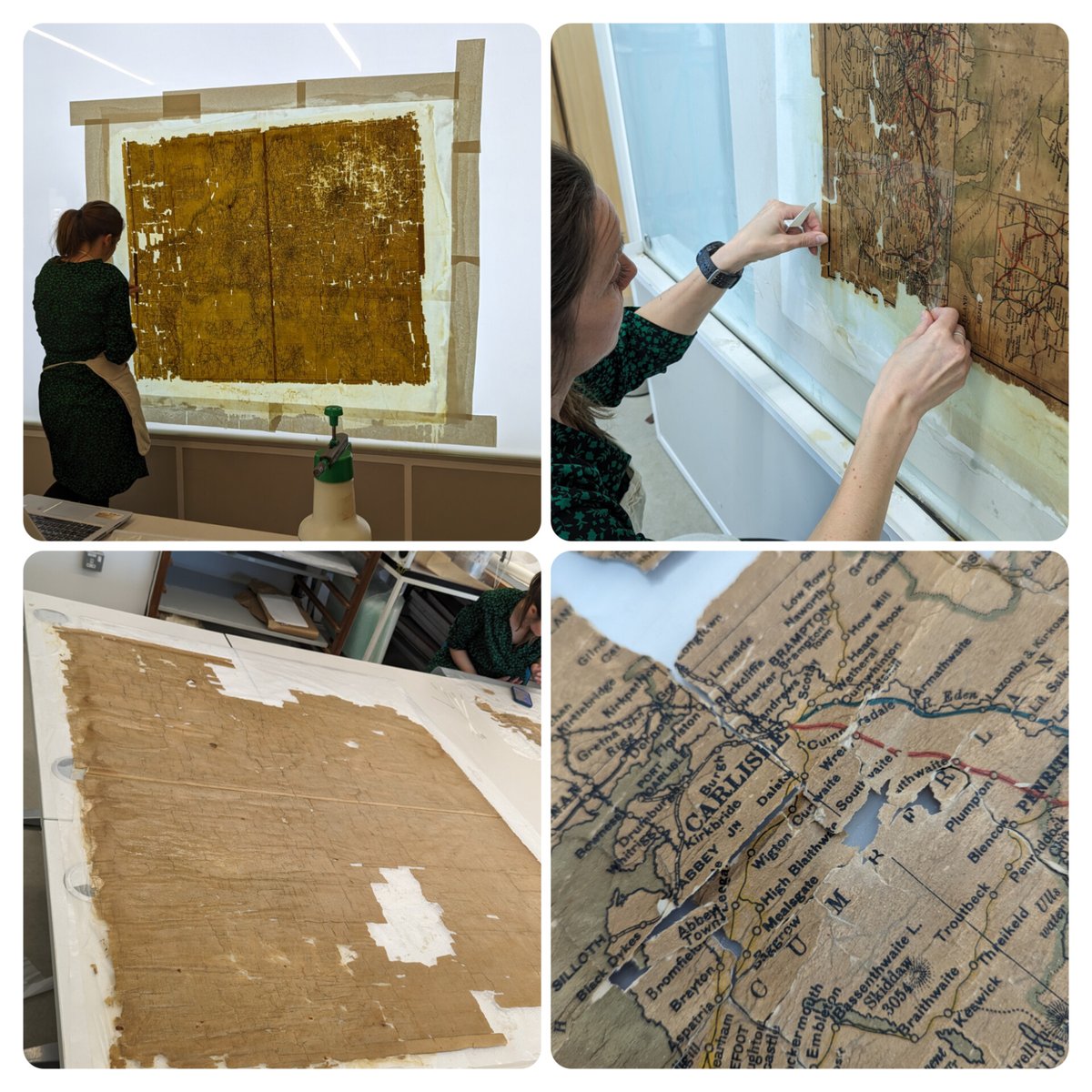 #TodayInConservation we are re-lining a Railway Map of England & Wales. The maps surface had been abraded and therefore the paper was very soft and fragmented. We have removed the varnish and lined it on a Japanese paper support on our map wall. #PaperConsevation #Map