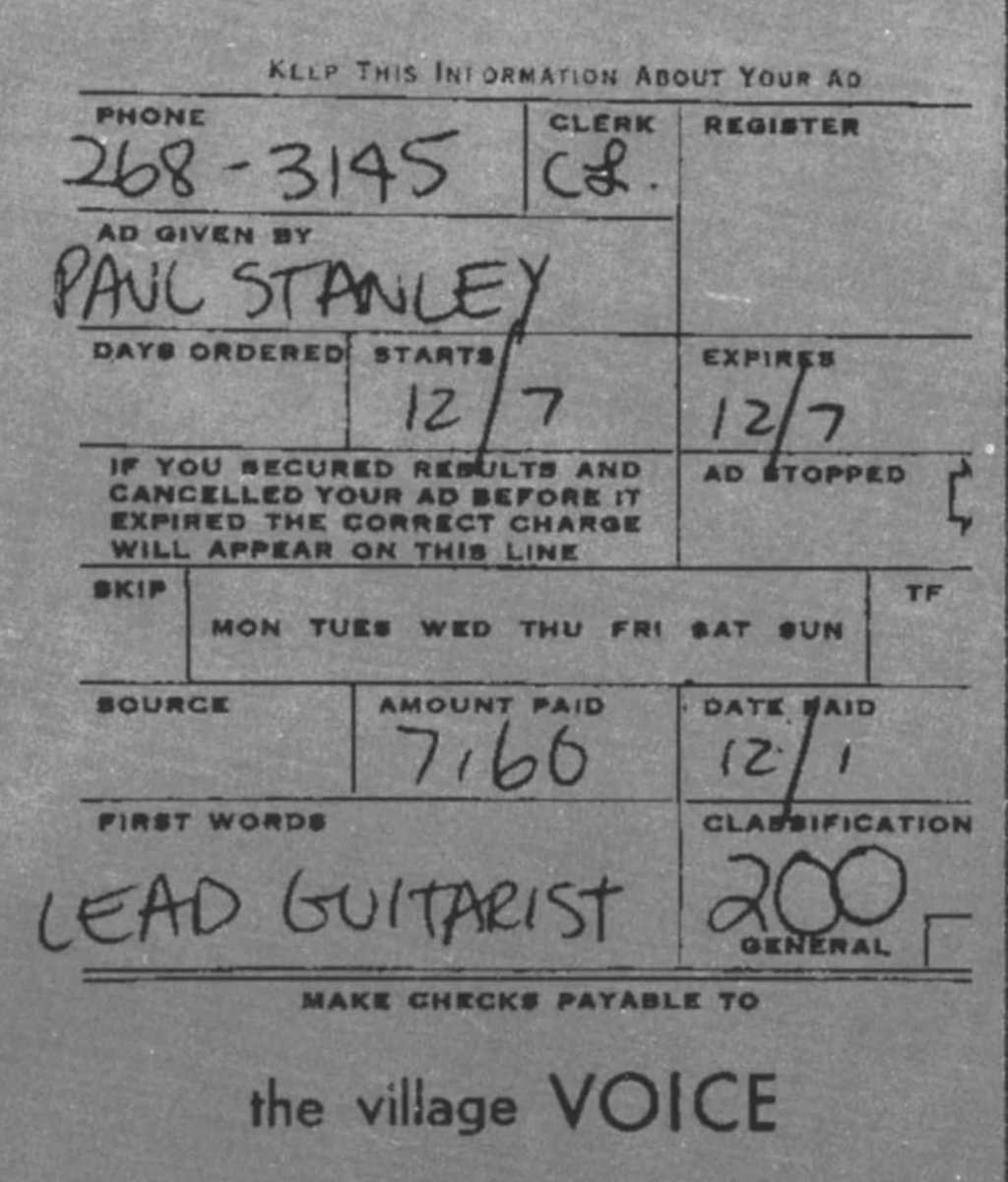 $7.60 or mayhaps marginally more if the ad ran again. Is what it cost Paul & Gene had to run it more than once. IF REAL. I don’t see “ flash and balls.. or whatever listed. Also… WAS he Paul Stanley at that point? 🤔#KISStory-??