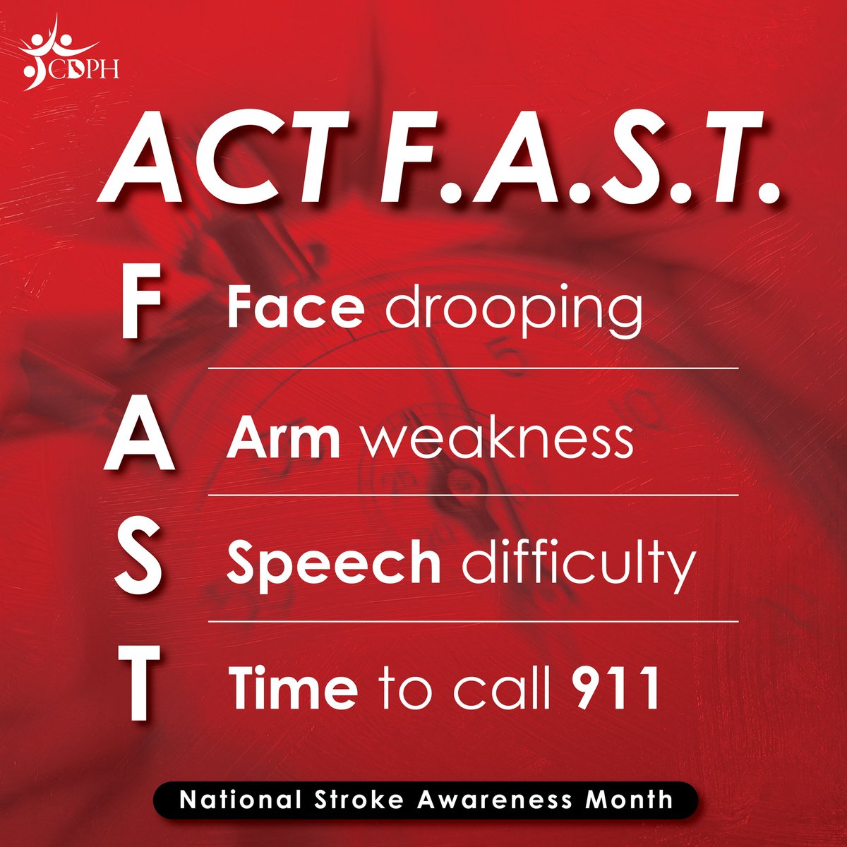 May is National Stroke Awareness Month. A stroke occurs when something blocks blood supply to part of the brain or when a blood vessel in the brain bursts. Know the F.A.S.T. signs of stroke to prevent death and disability, and act fast! Learn More: cdc.gov/stroke/signs_s…