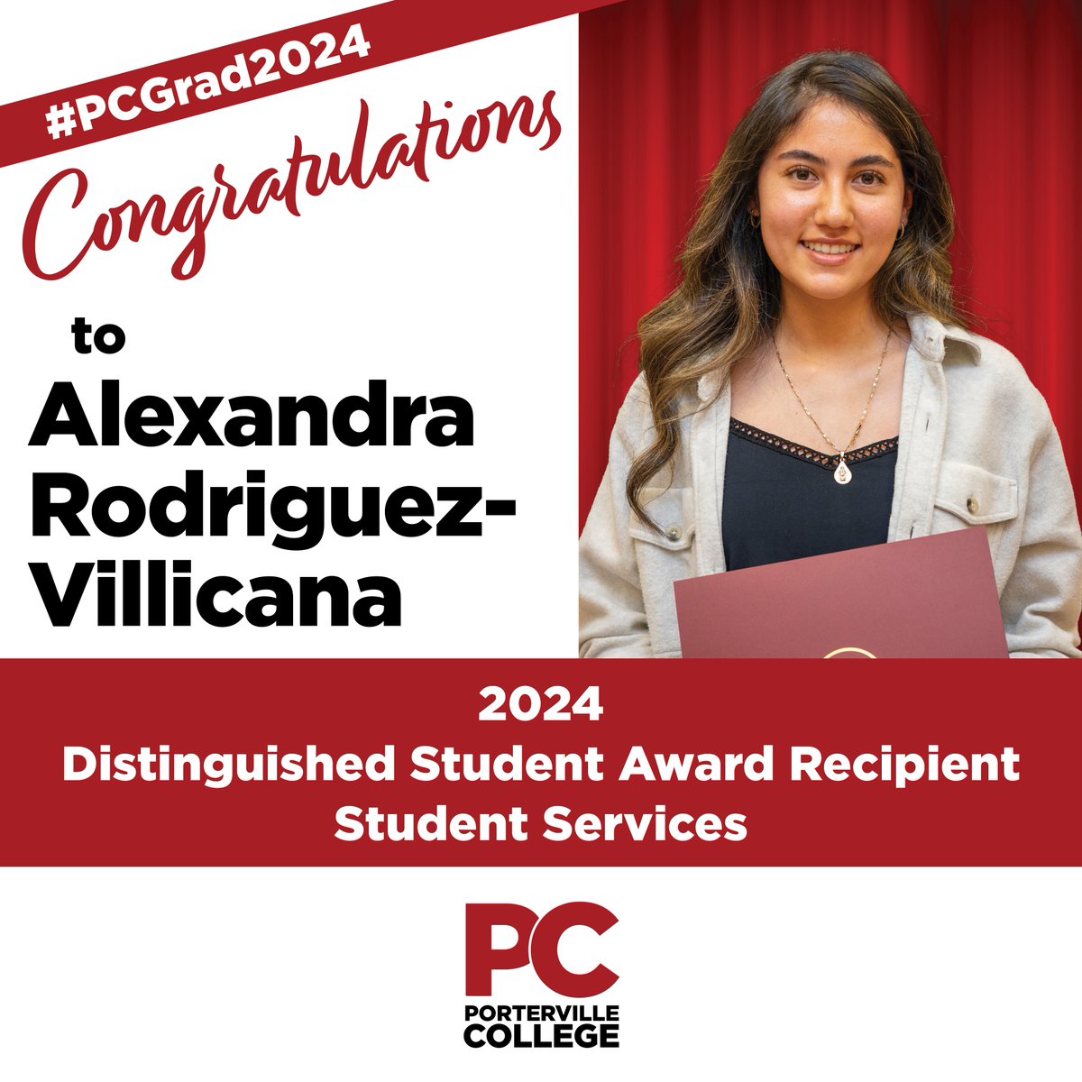 Congratulations to Alexandra Rodriguez-Villicana -- 2024 Distinguished Student Award Recipient in Student Services! #PCGrad2024 #PCStudentSuccess
