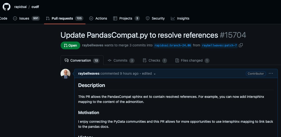 This was a fun PR! github.com/rapidsai/cudf/…

I'm in the process of improved the @RAPIDSai cudf docs by linking them directly to the Pandas docs, enhancing usability. Thanks to my learnings in Sphinx & the invaluable tools from OSS devs. Check it out!