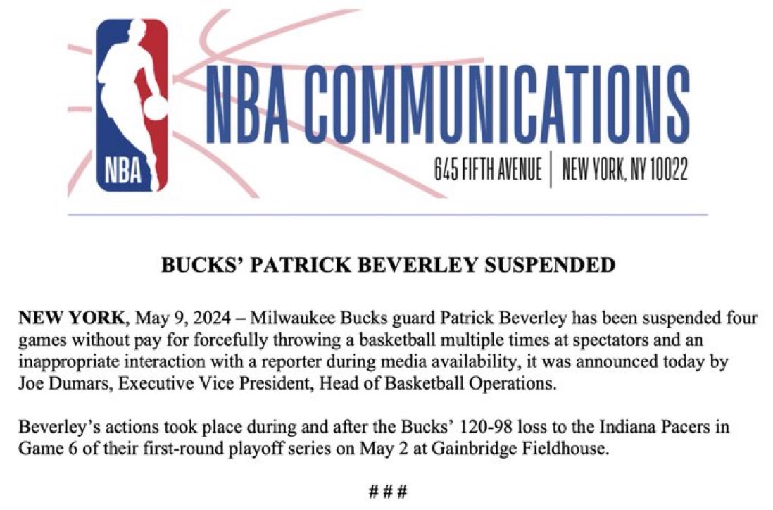 The NBA has suspended former Sixers point guard Patrick Beverley four games for throwing a basketball in the stands multiple times and inappropriate interaction with a reporter during the Milwaukee Bucks media availability following the team’s Game 6 loss to the Indiana Pacers on…
