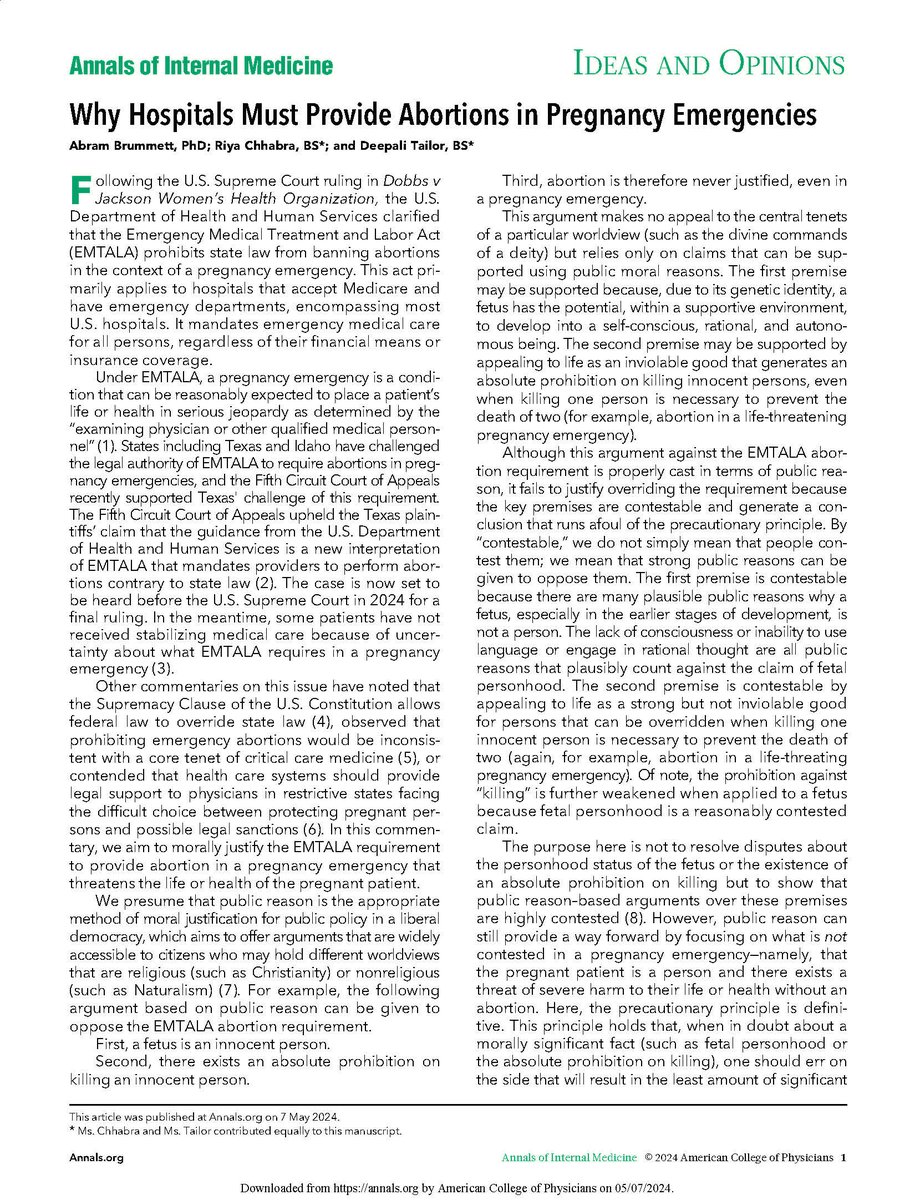 A new commentary proposes maintaining the #EMTALA requirement to perform abortions in this context on the basis of public reasoning or, if overturned, advocating for life and health exceptions to abortion bans at the state level: ow.ly/e1aP50RAos8