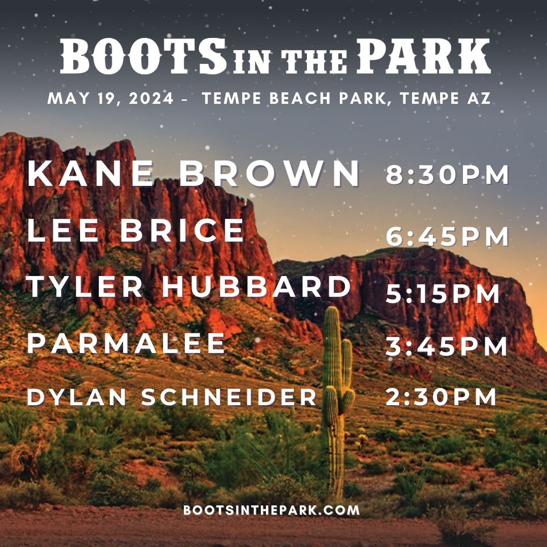 We've got a feeling that this will be a night to remember, TEMPE! Tag who you're most excited to see hit the #BootsInThePark stage!! 🔥🔥 @kanebrown @tylerhubbard @leebrice @parmalee @dylanschneidermusic #country #countrymusic #tempe #azevents #musicfestival