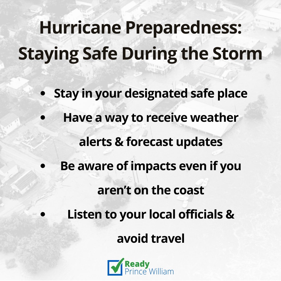 Be prepared for hurricanes by knowing what to do during a storm. Know what hazards to expect, stay up-to-date with the latest forecasts and alerts, and continue to listen to local officials. pwcva.gov/department/off… #PWCAlerts #HurricanePreparedness