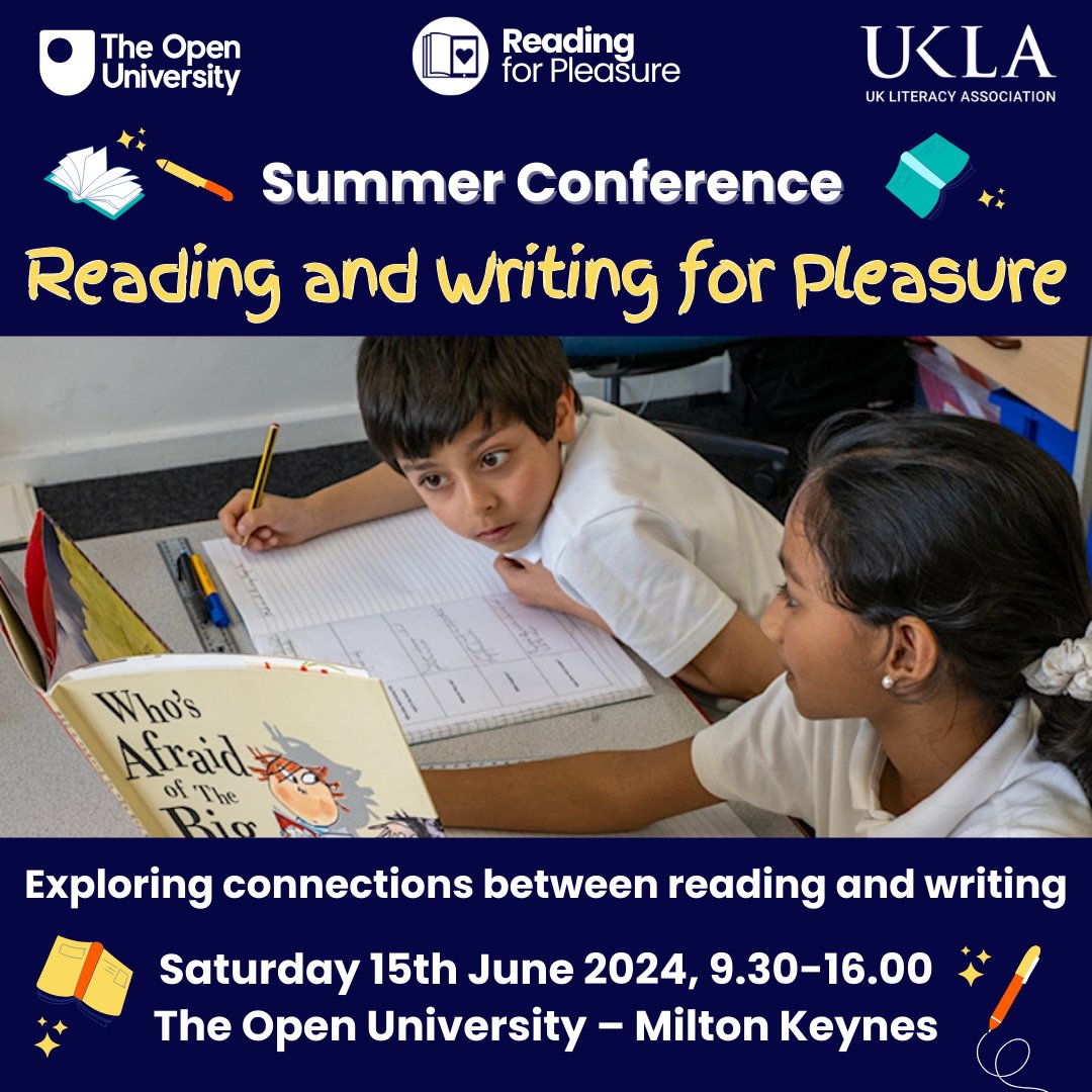 Join us for our Summer Conference 'Reading and Writing for Pleasure Conference' on Saturday, 15th June: 9.30am - 4pm 📚☀️ Programme here: ow.ly/sQ2w50Rj3Gi Tickets here: ow.ly/kpIb50Rj3Gj See you there, and do bring a friend! 💙 #RfP #OURfP #ReadingforPleasure