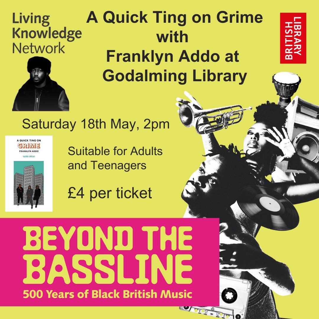 Beyond the Bassline x A Quick Ting on Grime 500 Years of Black British music meets @frxnklyn and his must-have book on Grime. 18.05.2024 | 2pm In conversation with @xNikkiyx for @GodalmingLib Tickets: eventbrite.com/e/888646494587…
