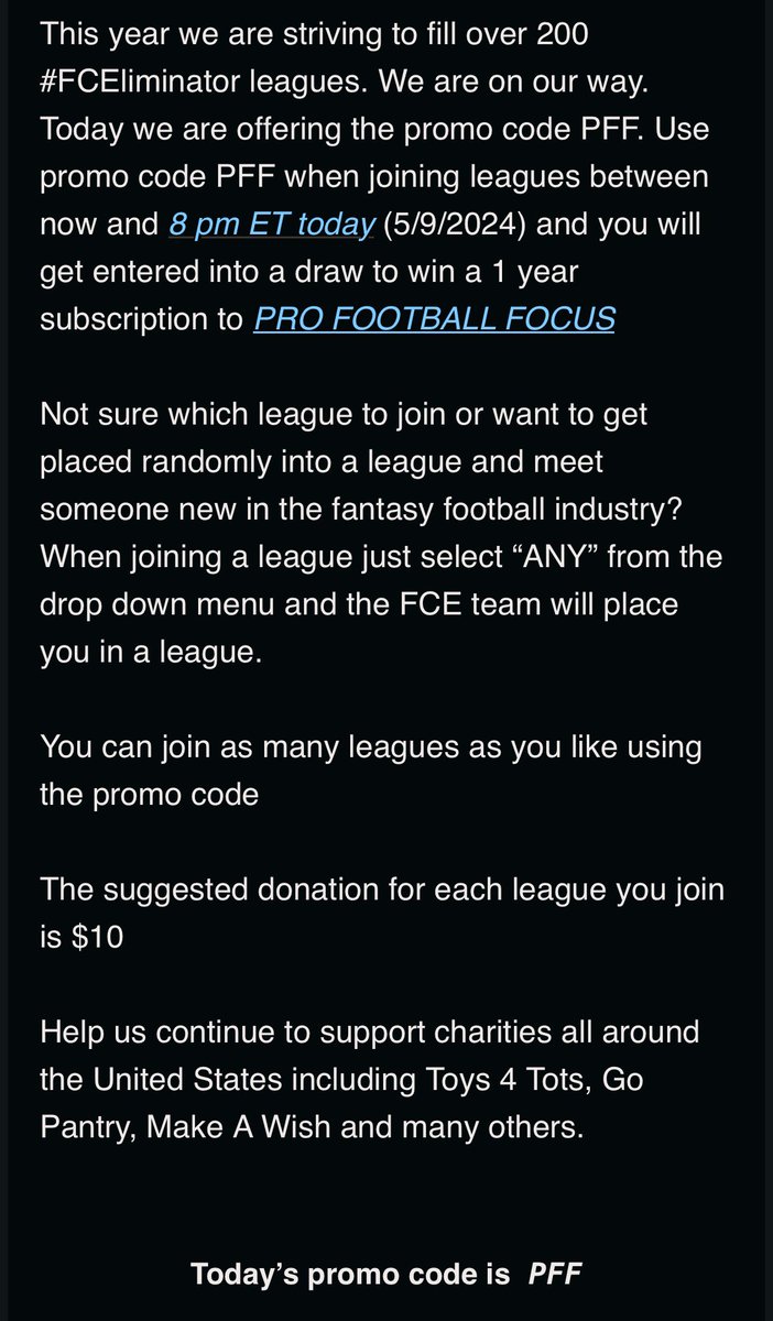 a new day, a new #FCEliminator promo code PFF go join some leagues and have some fun and maybe win a sub from @PFF donate and raise some money for @FantasyCaresOrg fantasycares.org/eliminator-sig…