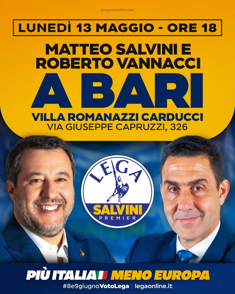 A Bari con #Salvini e #Vannacci contro l'Europa di Ursula, la follia green che colpirà le case degli Italiani e il gender a scuola.
Chi chiede - Europa e + Italia ed è contro il politicamente corretto, chi difende la propria identità contro la deriva islamista si unisca alla Lega