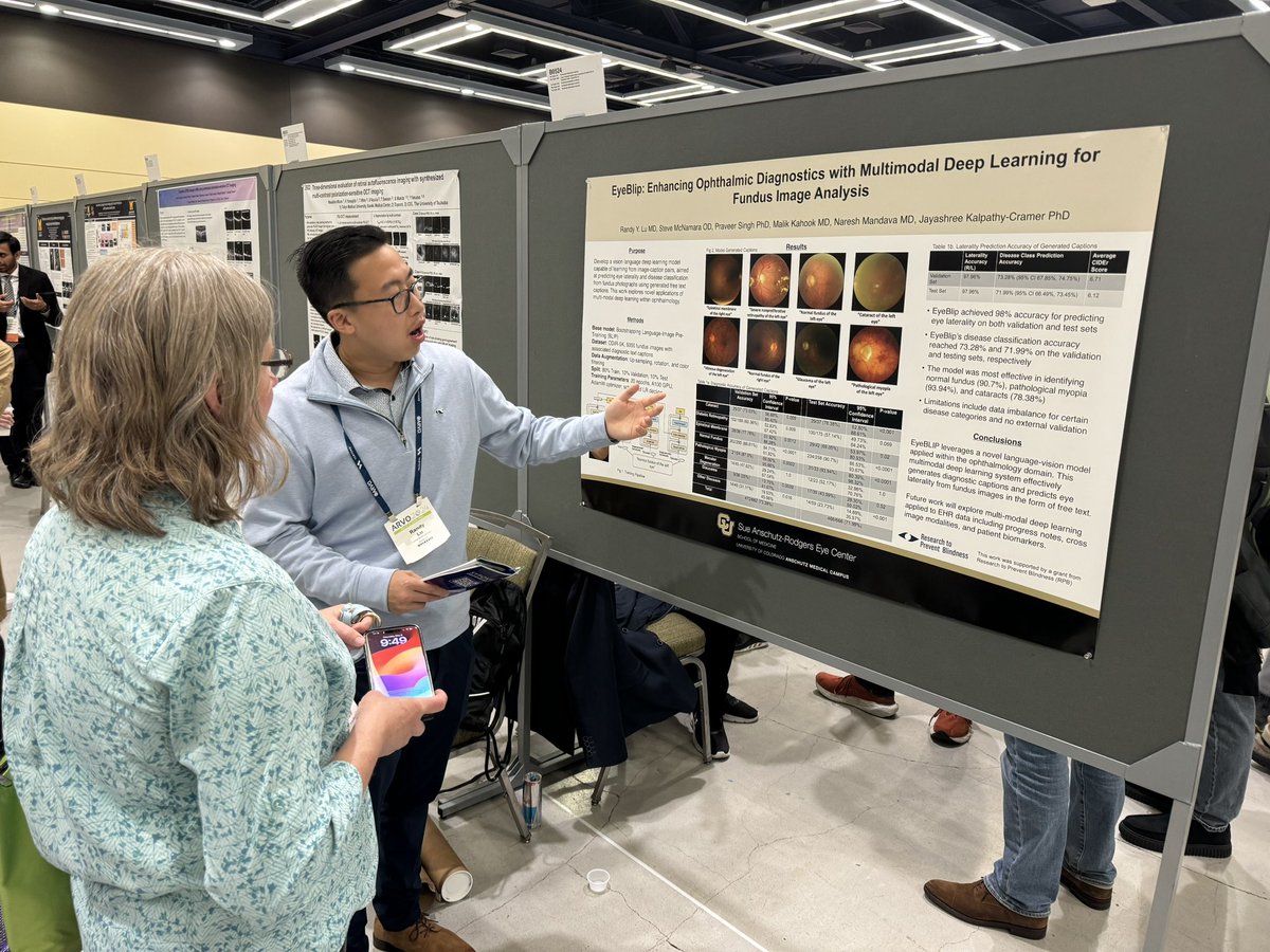 Advaith Veturi (@advaithveturi) on Twitter photo Stop by Randy Lu’s poster at B0524 investigating multimodal DL for Fundus image analysis
<a href="/CUEyeCenter/">CU Ophthalmology</a> <a href="/qtimlab/">QTIM Lab</a> <a href="/kalpathy1/">Jayashree Kalpathy</a> #ARVO2024 Stop by Randy Lu’s poster at B0524 investigating multimodal DL for Fundus image analysis
<a href="/CUEyeCenter/">CU Ophthalmology</a> <a href="/qtimlab/">QTIM Lab</a> <a href="/kalpathy1/">Jayashree Kalpathy</a> #ARVO2024
