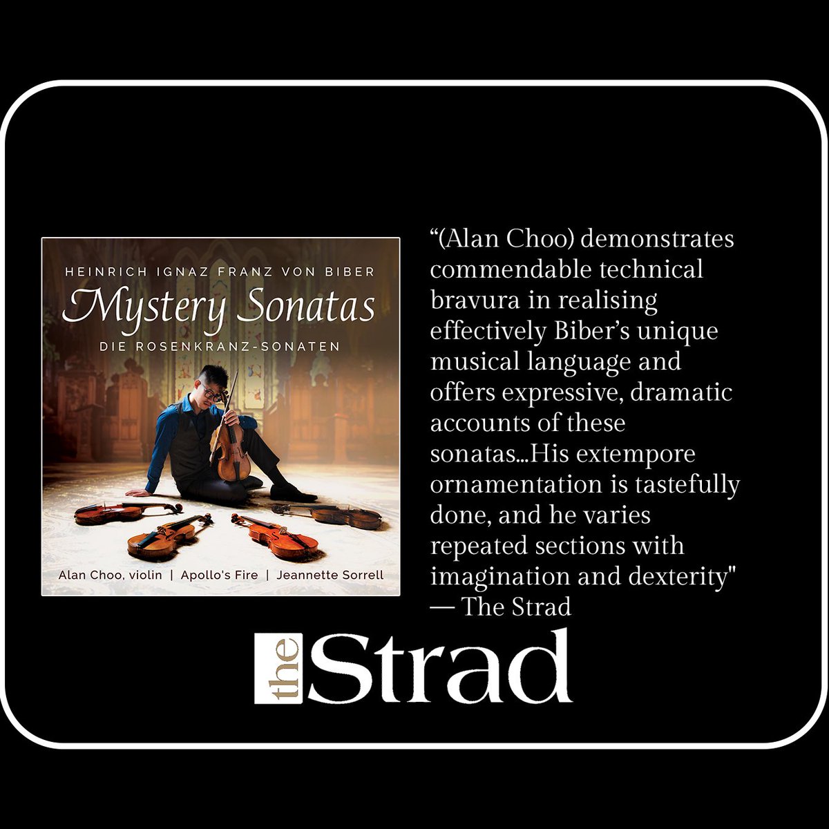High praise from @TheStradMag for Alan Choo's performance on Biber: Mystery (Rosary) Sonatas from @Apollos_Fire. 👏👏👏👏