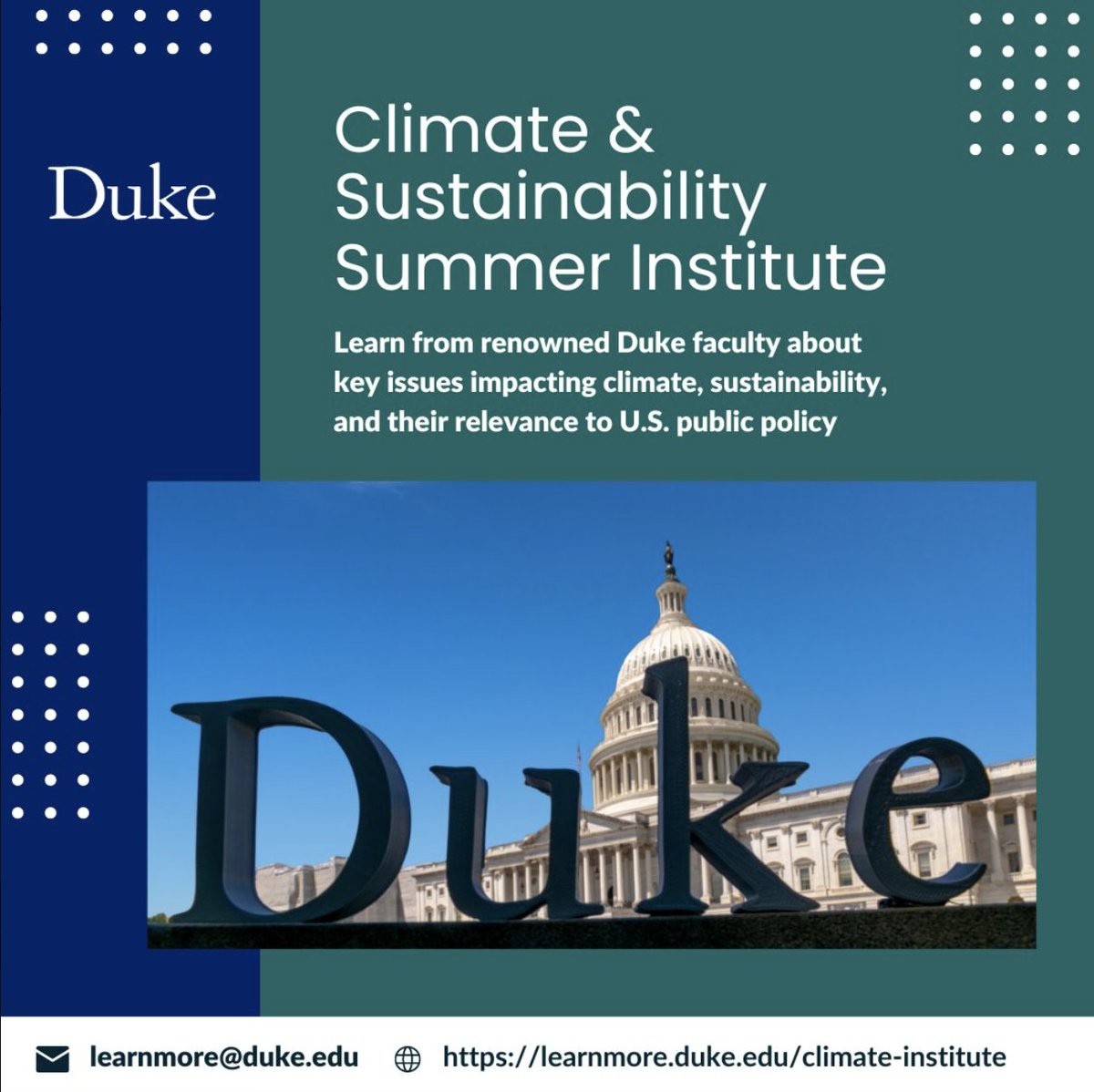 ♻️ Want to build your knowledge in climate and sustainability? Early-to mid-career policy professionals are invited to join esteemed @DukeU experts for the @DukeinDC Climate and Sustainability Summer Institute. Apply by May 24: learnmore.duke.edu/program/climat…