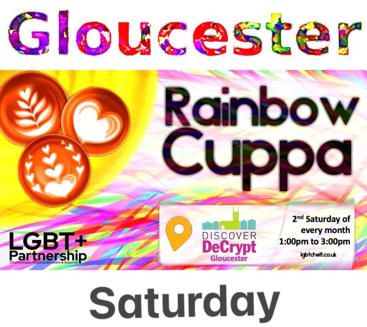 #Gloucester get your diary 🌈 This Saturday we’ll be at the gorgeous Discover DeCrypt Community Cafe, Southgate Street, Gloucester, GL1 1TP. This is an accessible venue. All LGBTQ+ folk and allies welcome. See you there! 🌈