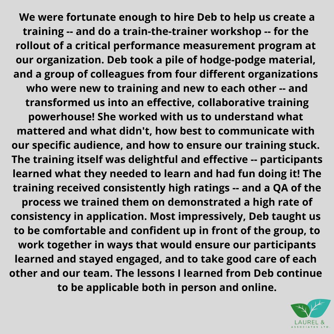 It's our favorite time of the week when we get to share a review from a happy Laurel & Associates customer.

Thanks, for the great review.  

#LaurelAndAssociates #WorkLifeBalance #DeborahLaurel #Trainer #Leadership #TestimonialThursday #Reviews