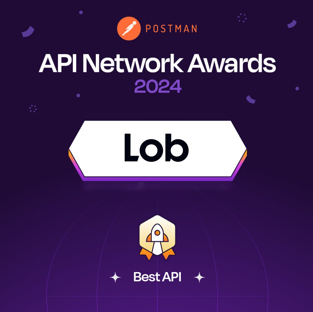 lob's tweet image. Big news! @Lob's API made it to the Top 20 in the @Postman API Network Awards! Out of 100,000+ APIs, ours stands out for its reliability, ease of use, and stellar documentation. 🚀 #PostmanAwards #Lob #API. Read more here: bit.ly/3WAsOmx