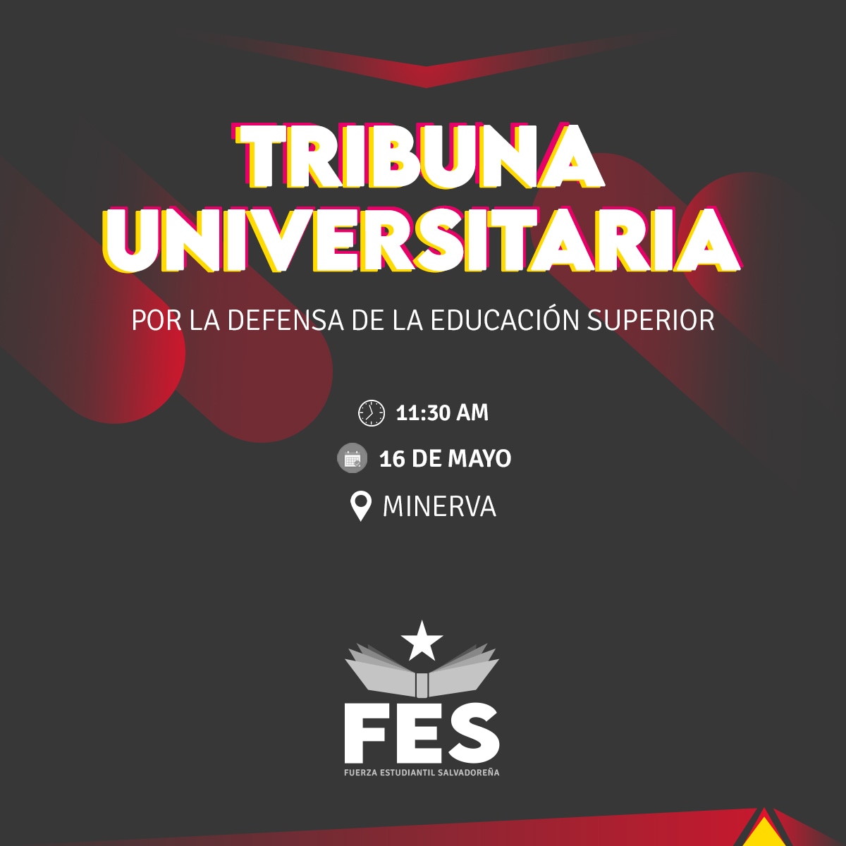 El próximo jueves ante la situación actual de la Universidad de El Salvador te invitamos a que te sumes a la Tribuna Universitaria por la Defensa de la Educación Superior para todas y todos.

#PresupuestoYa #AutonomíaUes