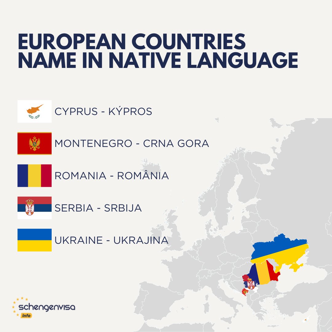 European Countries Name in Native Language🇪🇺 #cyprus #montenegro #romania #serbia #ukraine #schengenvisainfo #map #native #nativelanguage