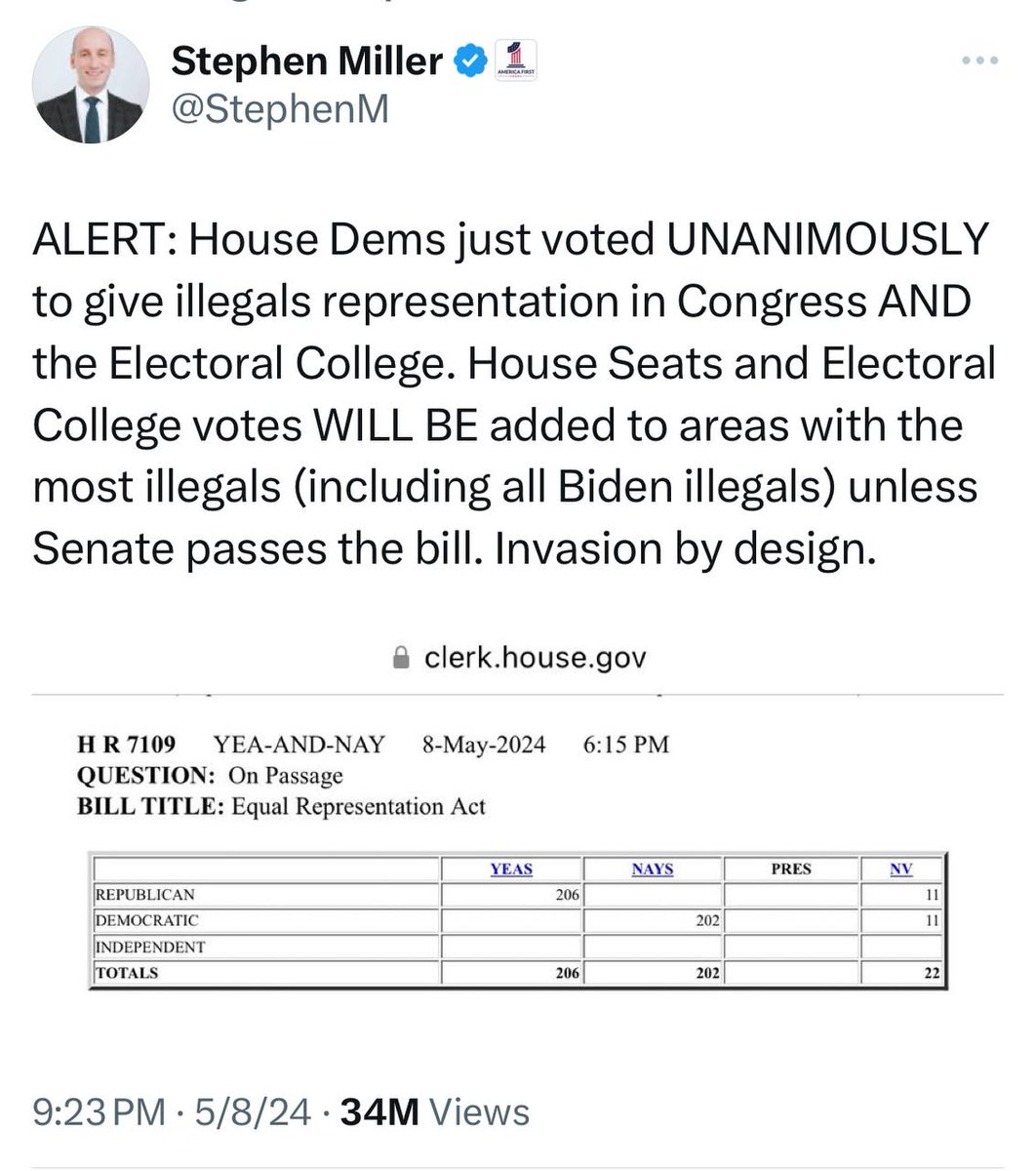 ICYMI: ALERT: House Dems just voted UNANIMOUSLY to give illegals representation in Congress AND the Electoral College. House Seats and Electoral College votes WILL BE added to areas with the most illegals (including all Biden illegals) unless Senate passes the bill. Invasion by…