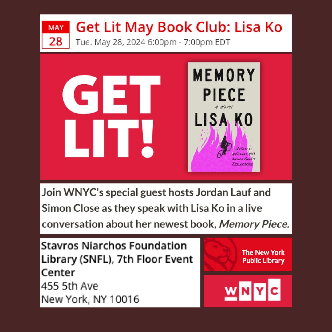 Two final NYC events for MEMORY PIECE this month! Thur 5/16: LISA LISA at BK Library - can't wait to talk to @Qidurian abt shared novel themes incl Tehching Hsieh, art, labor, and more Tues 5/28: WNYC & NYPL chose MP as their May book club pick (!) and I'll be in convo at SNFL
