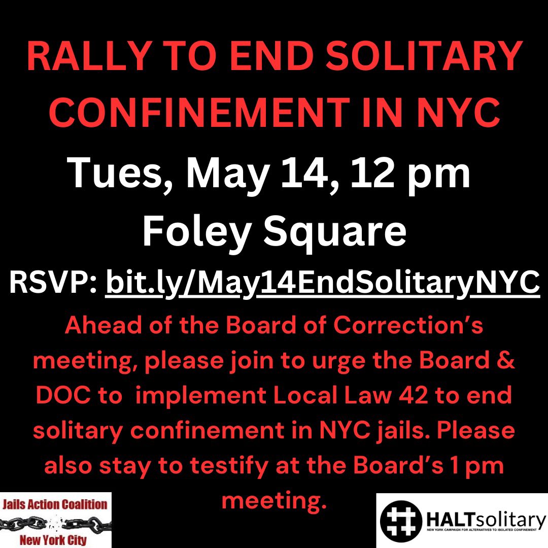 Please join @jailsactioncoalition and @haltsolitary_ny to urge the Board of Correction and DOC to implement LocL Law 42 to END SOLITARY CONFINEMENT! Tuesday, May 14, 2024 Time: 12 Noon #endsolitary #locallaw42 #jailsactioncoalition #haltsolitary #rikersisland #rikers
