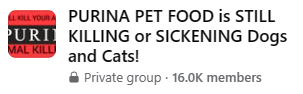 From dog owner:
-April 25: Purina bites
-April 28: she defecated blood
-April 29: she stopped eating
-April 30- she died on the VET office
Purina washed their hands….   RIP. 🌈😢💔
See photo for FB group.