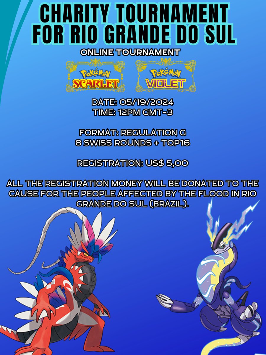 The VGC Brazilian Community is organizing a tournament to raise donations to help some of the people affected by the tragedy in Rio Grande do Sul, Brazil, where many people had their homes invaded by floods. 1/6