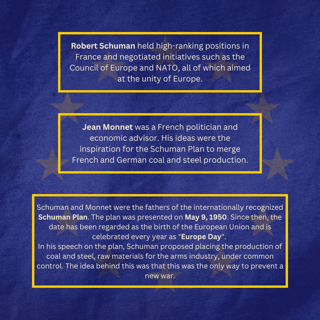 🇪🇺Happy Europe Day! ❓Did you know #EuropeDay celebrates the presentation of the Schuman plan? 💡Robert Schuman and Jean Monnet, the driving forces behind the plan, believed it was the only way to prevent another war. ⚡️For more information check out our infographics!