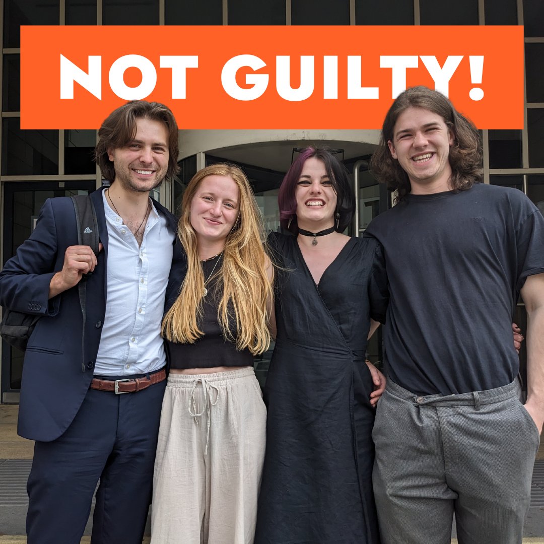 🚨 Just Stop Oil Supporters NOT GUILTY 🔥 Imogen, Red, Poppy and Max were acquitted of Wilful Obstruction of the Highway in Stratford Magistrates Court today. 🚔 They were arrested in June last year for slow marching. ✈️ This summer, airports will be sites of civil resistance.