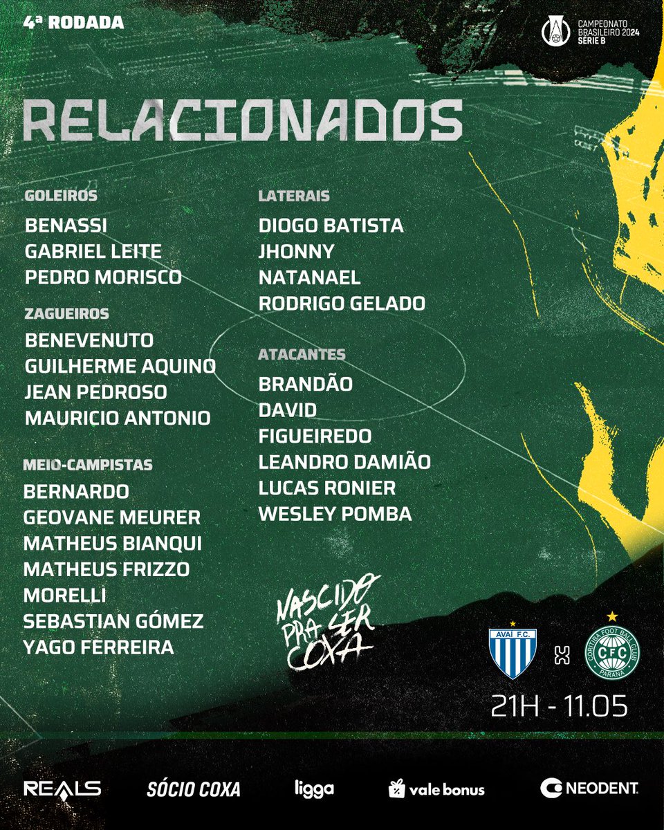 Confira os atletas relacionados para o duelo deste sábado (11), em Florianópolis, contra o Avaí! 🇳🇬 #NascidoPraSerCoxa