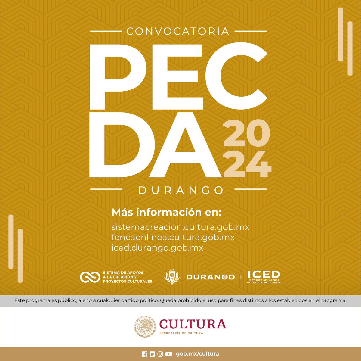 📢¡Aquí está la convocatoria PECDA Durango 2024! 🟡Consúltala y participa: goo.su/TzEJum @cultura_mx @iceddgo