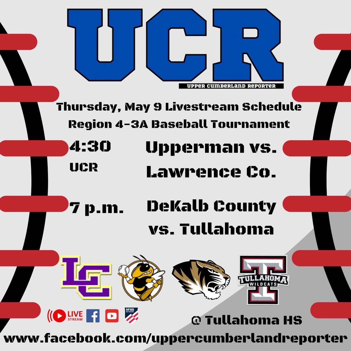 We've got Region 4-3A tournament baseball live from Tullahoma this afternoon as Upperman faces Lawrence County at 4:30 followed by DeKalb County vs Tullahoma at 7! ⚾️🎥