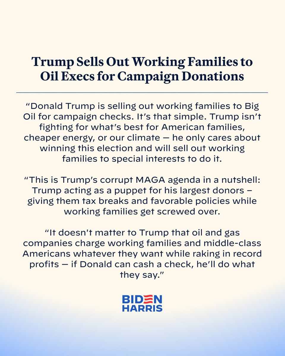 Biden-Harris campaign statement on new report that Trump is asking oil executives to contribute $1 billion to his campaign and he can give them tax breaks and gut environmental protections