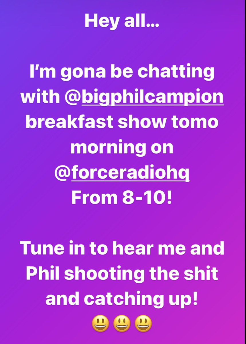 Tune into @ForceRadioHQ tomorrow from 0800 to hear me shooting the shit with @bigphilcampion! 🎤😃
