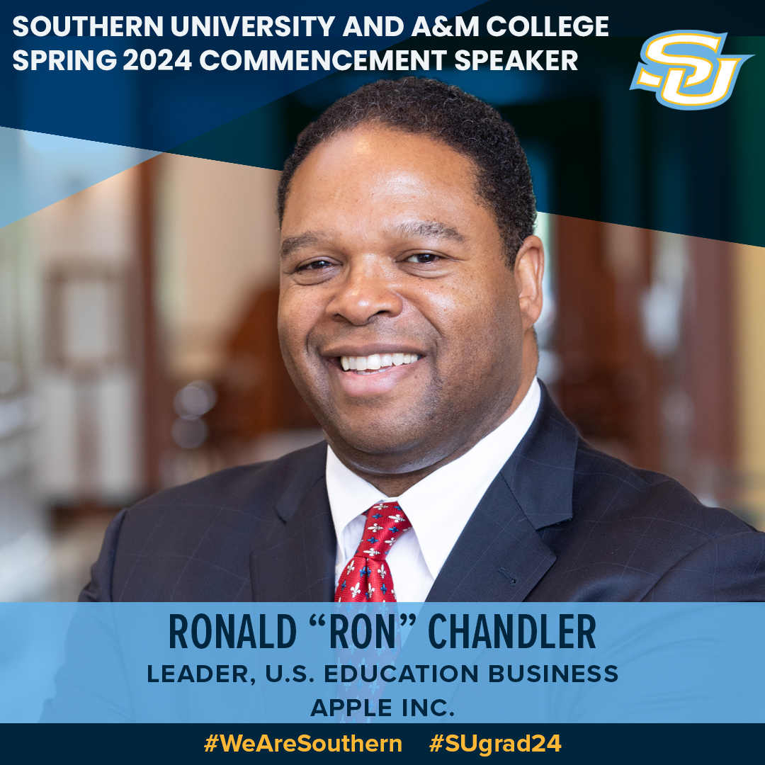 Alumnus Ron Chandler will address nearly 600 grads at our Spring 2024 Commencement on May 17. An SU engineering grad, Chandler is lead for education business at @Apple and an acclaimed cybersecurity expert. For more info, go to subr.edu/sucommencement. #WeAreSouthern #SUgrad24