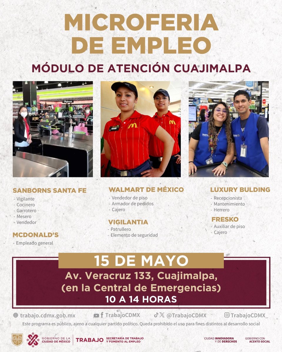 Acude a la Microferia de Empleo que se realizará en Cuajimalpa este 15 de mayo de 10 a 14 horas 🙌🏼 🛒 📈🗄️ 📍Av. Veracruz 133, Cuajimalpa #TrabajoEnLaCiudad 🌇✨