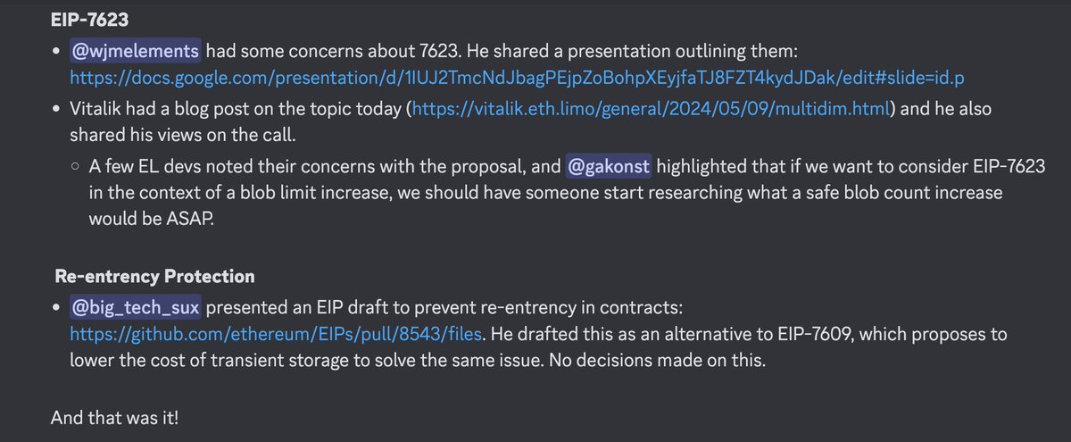 @ethereum It exceeded the discord character limit, but here's the TL;DR 👇 @christine_dkim should have a more fleshed out recap out 🔜, too! Next ACDE is set for May 23, 14:00 UTC 📆