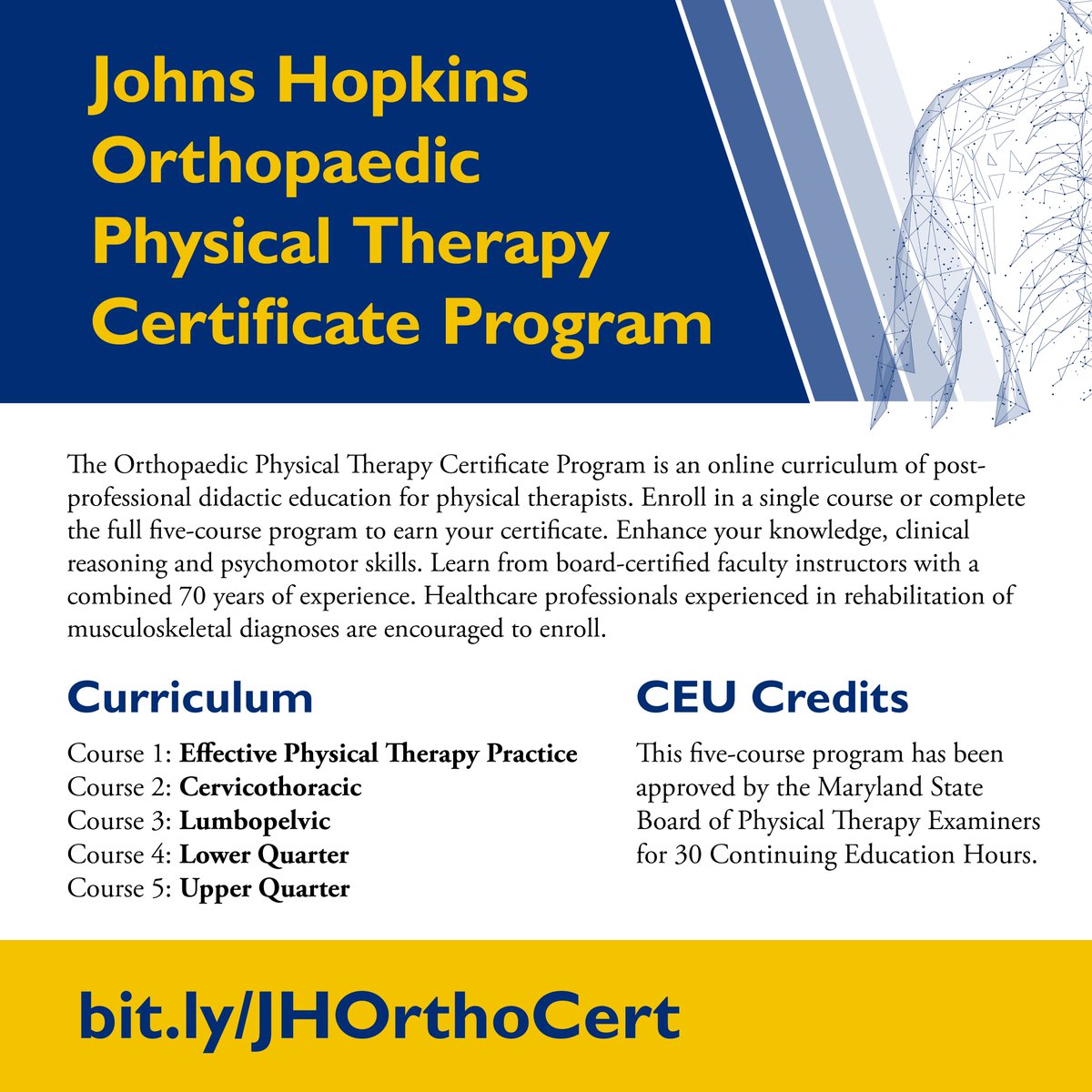 Looking to up your PT skills & competency over the summer? Consider our Ortho #PhysicalTherapy Certificate Program! This course series, taught by board-certified instructors, helps to improve your didactic knowledge, clinical reasoning & psychomotor skills bit.ly/JHOrthoCert