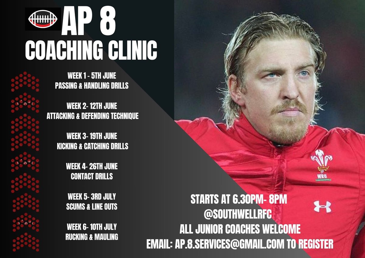 Excited to announce my new coaching clinic for all junior coaches! 🏉🏉🏉 6 sessions, starting on the 5th June, from 6.30pm until 8pm @SouthwellRugby ⭐️ ⭐️⭐️Details of the sessions attached ⭐️⭐️ To register your interest please 📧 Ap.8.services@gmail.com @andypowell8