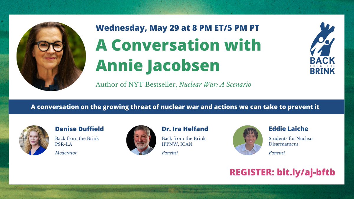 The book lays out the problem. Back from the Brink has solutions. Join our virtual conversation May 29 with @AnnieJacobsen, NY Times bestselling author of Nuclear War: A Scenario. Register here: bit.ly/3JOMFHl