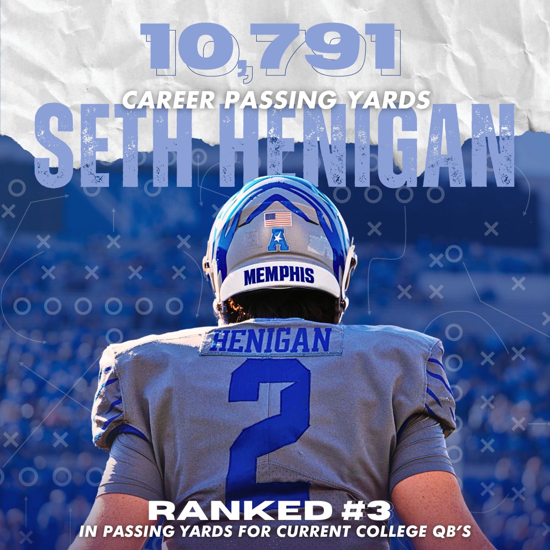 #Top3 career passing yards for current college quarterbacks is Seth Henigan! @seth_henigan is the only QB from the list that has stayed with the same school throughout his college career. We see you 💯⬆️ 🔥#GTG Support @MemphisFB by donating at 901fund.org/subscriptions !