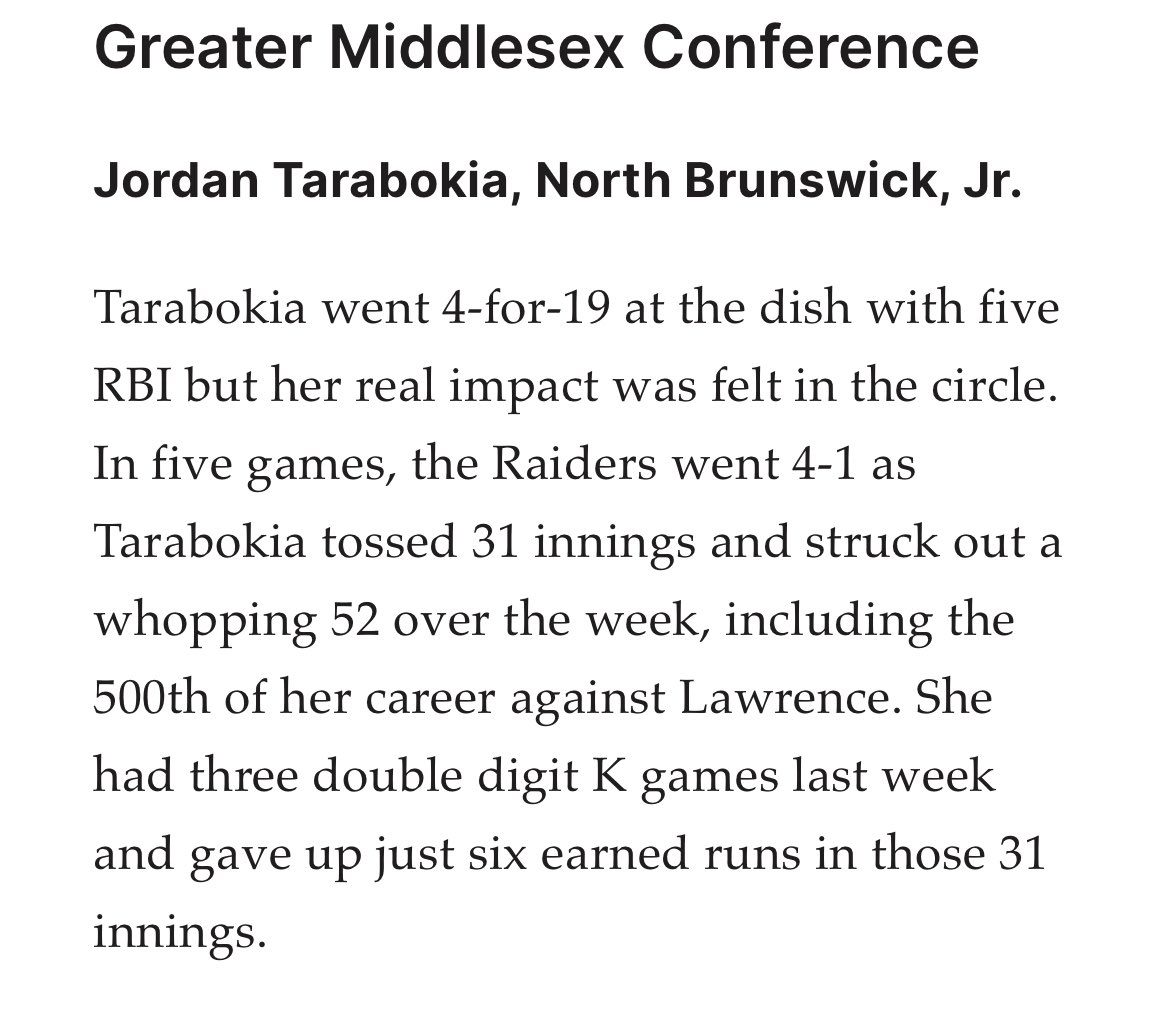 So honored to be named player of the week in my conference. @stars_FPNJ @NBTHS_Softball @SBRRetweets @DirectRecruits @IHartFastpitch @fastpitchwatch @FastpitchAthRec #workinghard