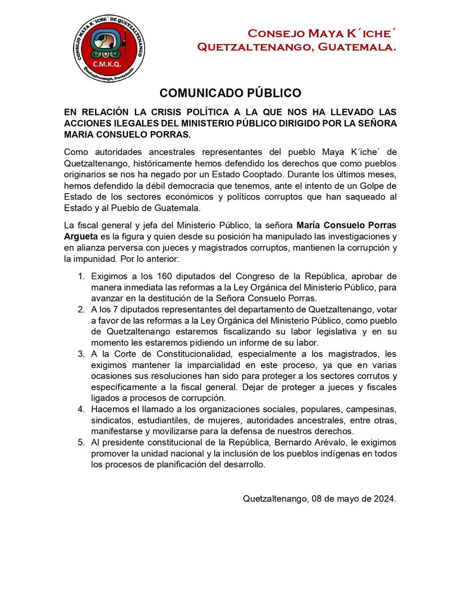 #URGENTE | En comunicado de prensa el Consejo Maya K´iché de Quetzaltenango, Guatemala: - Exige a los 160 diputados del @CongresoGuate aprobar de manera inmediata las reformas a la ley del #MP - A la @CC_Guatemala mantener la imparcialidad en el proceso de reforma, señalando