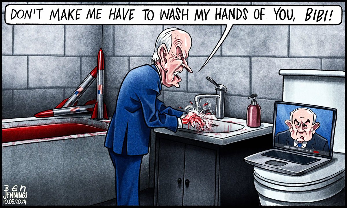 Ben Jennings on #JoeBiden & histhreat to withhold some weapons sales to #Israel #BenjaminNetanyahu #Gaza – political cartoon gallery in London original-political-cartoon.com