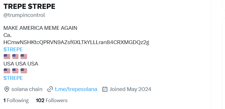trumpincontrol's tweet photo. WE GROWIN` QUICK 
was 99 followers when $TREPE started writing this tweet.
#MakeAmericaMemeAgain
$TREPE
KEEP RALLYING` TREPE`s https://t.co/RW0AWxYln0