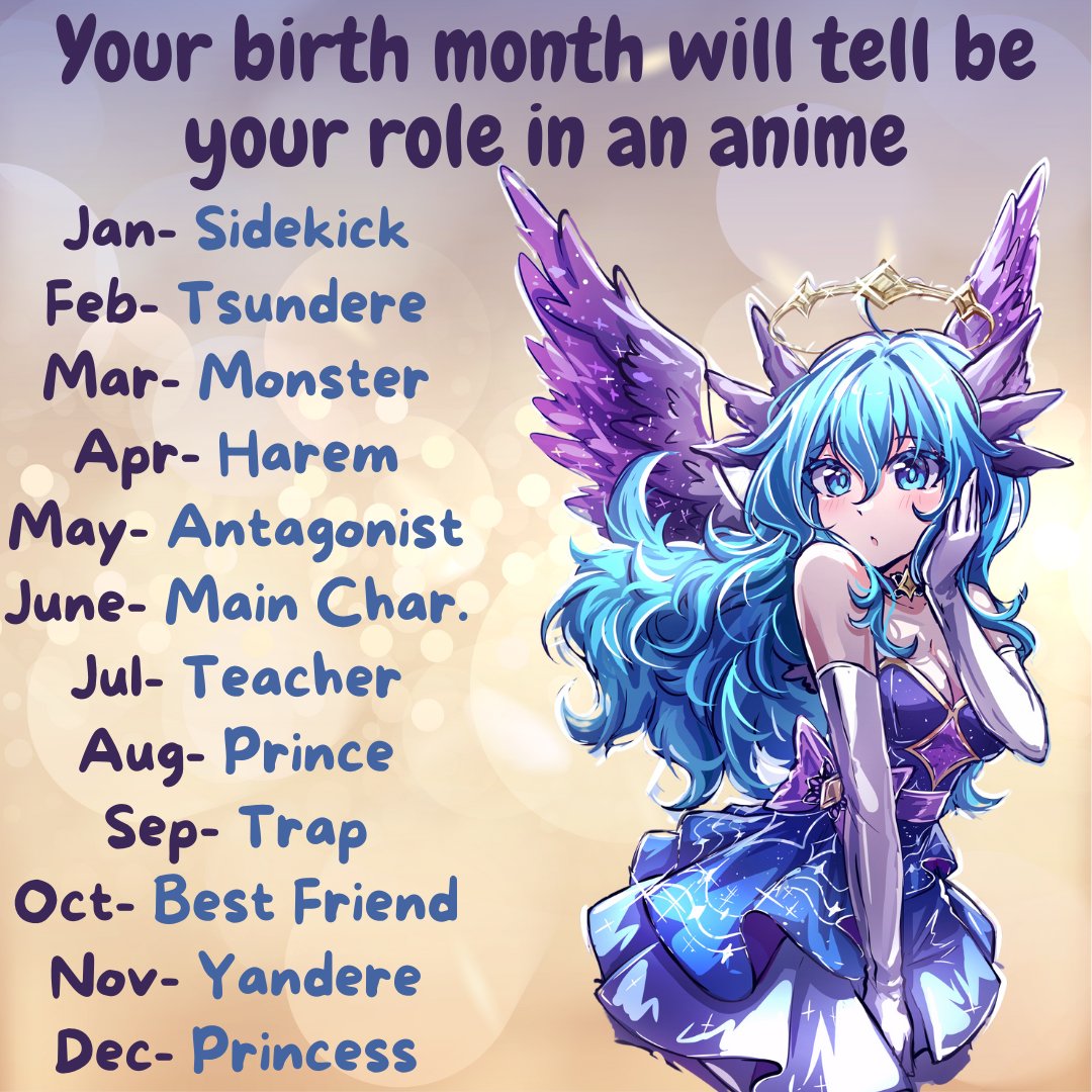 Hey hatchlings + moots!

It's Thursday! One step closer to the weekend! Here is our interactive post of the day!! 🥺💙

Your birthmonth will tell you your role in an anime! 🫶

🩷 + 🔄 appreciated 

#vtuber | #interactive